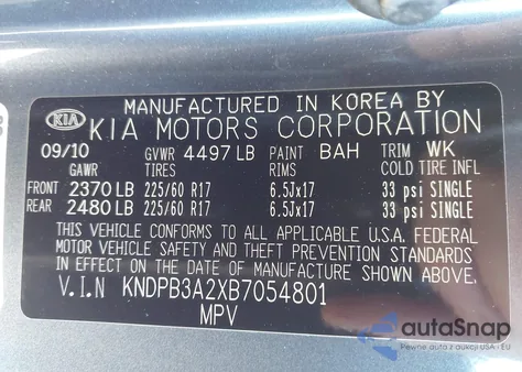 2011 Kia Sportage Lx из США, поврежденный, VIN KNDPB3A2XB7054801